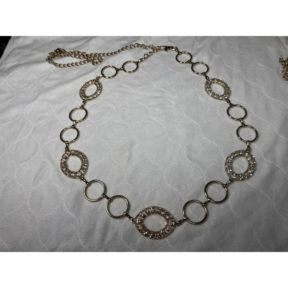 Women's‎ Belt Gold Tone Statement Fashion Circle Discs Metal Link W/ Rhinestones